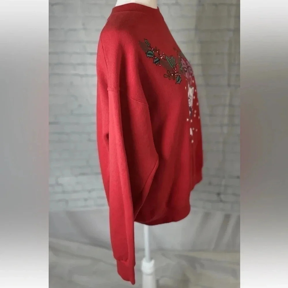 Vintage Fruit Of‎ The Loom Best Ugly Christmas Sweatshirt  Red Cat Belle size L - Picture 6 of 13